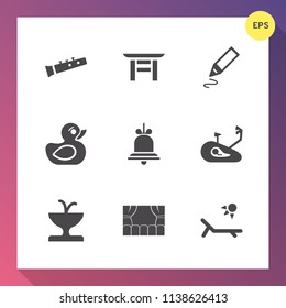 Modern, simple vector icon set on gradient background with water, pipe, shrine, japanese, music, fountain, bicycle, torii, trumpet, rubber, sunny, vacation, architecture, toy, landmark, religion icons
