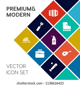 Modern, simple vector icon set on colorful flat background with accordion, travel, ball, art, leisure, graffiti, league, business, grunge, boot, paint, guitar, skate, instrument, music, camper icons