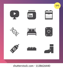 Modern, simple vector icon set on gradient background with fashion, bedroom, web, play, healthy, button, bed, bedding, white, night, care, health, jar, game, stove, container, oven, dna, clean icons