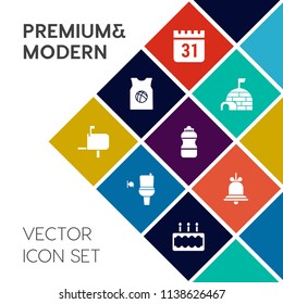 Modern, simple vector icon set on colorful flat background with sweet, clothing, water, cake, alert, bathroom, calendar, basketball, schedule, cold, team, date, message, t-shirt, event, bottle icons