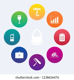 Modern, simple vector icon set on colorful circle backgrounds with hook, paint, bag, red, emergency, restaurant, bottle, roller, business, mobile, phone, health, telephone, roll, wineglass, tool icons