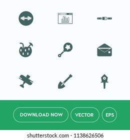 Modern, simple vector icon set on white background with summer, fasten, nest, sport, seo, communication, house, flight, bird, fitness, belt, plane, health, infant, child, spring, weight, shovel icons