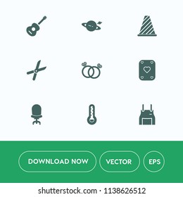 Modern, simple vector icon set on white background with armchair, saturn, road, work, galaxy, temperature, astronomy, sound, cosmos, pruning, rock, apron, garden, chef, planet, romance, chair icons