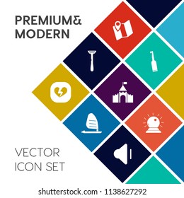 Modern, simple vector icon set on colorful flat background with gps, object, building, sport, road, toothbrush, pin, razor, love, hygiene, sign, water, blade, city, medieval, volume, up, sorcery icons