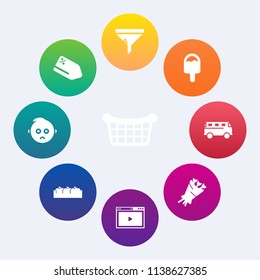 Modern, simple vector icon set on colorful circle backgrounds with service, healthy, sign, object, bus, web, child, bouquet, box, tag, blossom, air, discount, store, transport, media, online icons