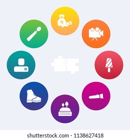 Modern, simple vector icon set on colorful circle backgrounds with food, stick, projector, torch, lollipop, utensil, movie, video, colorful, boot, presentation, human, sign, sweet, cinema, ice icons