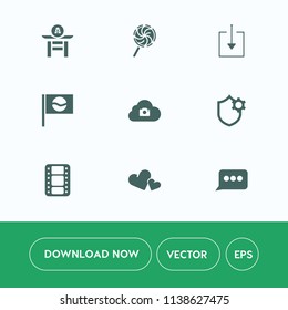 Modern, simple vector icon set on white background with culture, background, message, romance, striped, temple, lolly, heart, arrow, travel, food, taiko, downloading, cloud, valentine, music icons