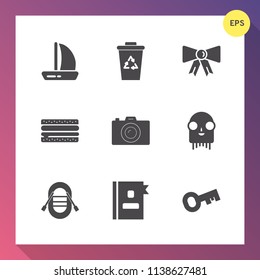 Modern, simple vector icon set on gradient background with alien, elegance, sandwich, vacation, ufo, sailboat, sail, business, sea, ship, environment, key, container, ecology, burger, suit, boat icons