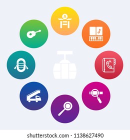 Modern, simple vector icon set on colorful circle backgrounds with research, guitar, musical, sailboat, train, boat, phone, internet, japan, sky, drum, kitchen, travel, electric, truck, book icons