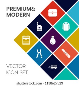 Modern, simple vector icon set on colorful flat background with cabinet, repair, power, energy, office, drawer, style, bulb, jacket, business, cute, kitchen, communication, cutter, young, speed icons