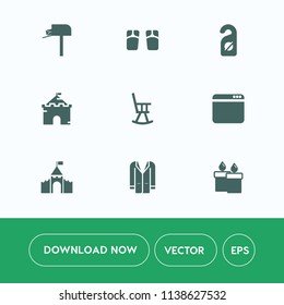 Modern, simple vector icon set on white background with send, box, coat, medieval, jacket, hotel, sign, decoration, browser, communication, fashion, post, motel, summer, pair, office, message icons