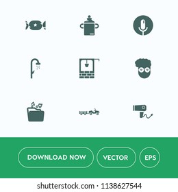 Modern, simple vector icon set on white background with music, well, dryer, hipster, old, dessert, shipping, hairdryer, lolly, baby, voice, colorful, sound, lollipop, care, nutrition, style, kid icons