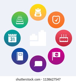 Modern, simple vector icon set on colorful circle backgrounds with check, bear, teddy, date, bakery, cake, car, backpack, event, japan, page, talk, schedule, business, asia, child, delicious icons