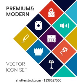 Modern, simple vector icon set on colorful flat background with location, place, drawer, music, audio, stationery, cabinet, equipment, pencil, toy, furniture, play, business, travel, volume, pen icons