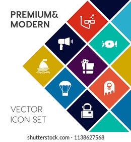 Modern, simple vector icon set on colorful flat background with balloon, sport, underwater, cosmonaut, astronaut, snorkel, bow, vacation, communication, sweet, loud, speaker, food, hot, scuba icons