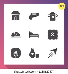 Modern, simple vector icon set on gradient background with pistol, handgun, construction, japanese, sound, nutrition, japan, mail, letter, fly, paper, home, weapon, music, bed, travel, plastic icons