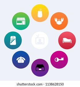 Modern, simple vector icon set on colorful circle backgrounds with fresh, technology, music, fish, salt, percussion, instrument, musical, cart, grocery, television, key, business, drum, customer icons