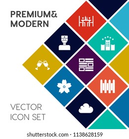 Modern, simple vector icon set on colorful flat background with sakura, spring, medical, barrier, blossom, plate, coffee, medicine, wineglass, fence, spoon, dinner, food, stethoscope, pink, care icons