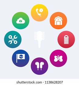 Modern, simple vector icon set on colorful circle backgrounds with japan, hairbrush, insect, tool, photo, hair, grater, computer, cheese, staple, sign, music, travel, reparation, kitchen, call icons