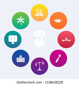 Modern, simple vector icon set on colorful circle backgrounds with monitor, connect, fashion, palm, computer, cloakroom, adapter, technology, ball, government, paint, sign, balance, bowling, law icons