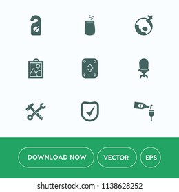 Modern, simple vector icon set on white background with fly, instrument, glass, security, concert, musical, armchair, game, earth, picture, chair, plane, sound, wrench, room, motel, sign, flight icons