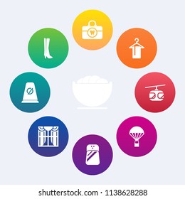 Modern, simple vector icon set on colorful circle backgrounds with street, background, train, dish, sign, meal, fashion, sky, silhouette, hanger, hygiene, dishware, curtain, road, window, jump icons