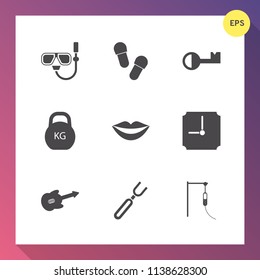 Modern, simple vector icon set on gradient background with guitar, beauty, measurement, musical, dinner, medicine, music, kilogram, hour, pair, beach, fashion, slipper, footwear, mouth, time icons