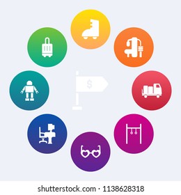 Modern, simple vector icon set on colorful circle backgrounds with truck, journey, luggage, fitness, location, style, tourism, banking, desk, robot, shipping, art, travel, sign, machine, bank icons