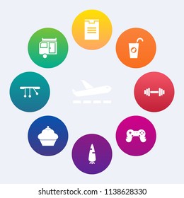 Modern, simple vector icon set on colorful circle backgrounds with food, fresh, pendulum, raw, adventure, package, gym, sweet, plane, transport, equipment, travel, sign, organic, drink, journey icons