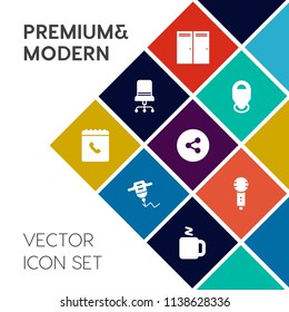Modern, simple vector icon set on colorful flat background with equipment, work, open, room, travel, voice, seat, machine, electric, entrance, drill, door, style, media, marker, furniture, sign icons