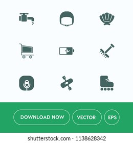 Modern, simple vector icon set on white background with skate, power, leisure, kayak, helmet, cart, activity, faucet, full, kayaking, electricity, bathroom, construction, energy, hygiene, music icons