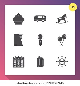 Modern, simple vector icon set on gradient background with schedule, karaoke, traffic, celebration, sweet, file, street, ship, nautical, speed, decoration, cupcake, day, luggage, chocolate, bag icons