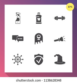 Modern, simple vector icon set on gradient background with brush, hat, dental, flashlight, speech, dumbbell, ship, paste, sport, nautical, shine, toothpaste, fitness, care, cleaning, equipment icons
