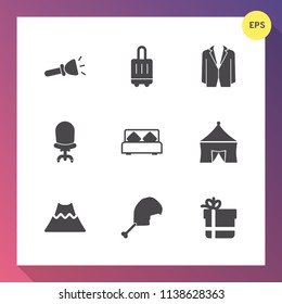 Modern, simple vector icon set on gradient background with bed, double, tool, bird, airport, shine, meat, suit, travel, white, tourism, baggage, chicken, bedroom, volcano, light, bulb, energy icons