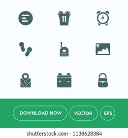 Modern, simple vector icon set on white background with ball, graphic, bell, full, slipper, menu, navigation, image, boy, sport, alarm, clock, hour, young, minute, label, communication, app, map icons