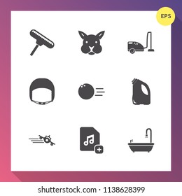 Modern, simple vector icon set on gradient background with sign, vacuum, housework, tool, easter, safety, fun, plane, paint, bunny, rabbit, ball, work, graphic, brush, helmet, roller, building icons