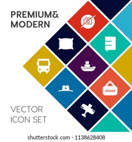 Modern, simple vector icon set on colorful flat background with picture, aircraft, transportation, business, vessel, book, flight, pillow, bedroom, white, plane, camera, fabric, bed, sea, boat icons