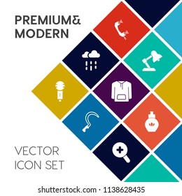 Modern, simple vector icon set on colorful flat background with furniture, aroma, agriculture, bottle, call, music, fashion, object, phone, wet, rain, day, beauty, song, gardening, jacket, water icons