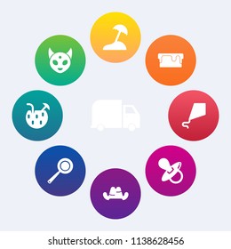 Modern, simple vector icon set on colorful circle backgrounds with dessert, infant, food, transport, island, juice, cocktail, cake, truck, kite, clothing, utensil, service, humanoid, fashion icons