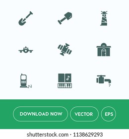 Modern, simple vector icon set on white background with faucet, light, beacon, sink, note, aircraft, departure, building, screwdriver, lighthouse, tool, house, hammer, stationary, sound, musical icons
