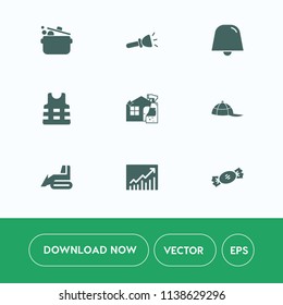 Modern, simple vector icon set on white background with shine, electric, sweet, bulb, hat, business, notification, cleaner, candy, tool, food, spoon, cook, internet, construction, white, light icons