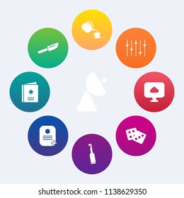 Modern, simple vector icon set on colorful circle backgrounds with casino, hot, electric, antenna, dice, web, brush, cutlery, kitchen, cup, tea, network, tooth, sign, success, people, drink icons