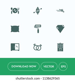 Modern, simple vector icon set on white background with aircraft, house, dinner, diamond, roll, plate, food, bed, engagement, building, interior, roller, transport, yacht, business, kitchen, gem icons