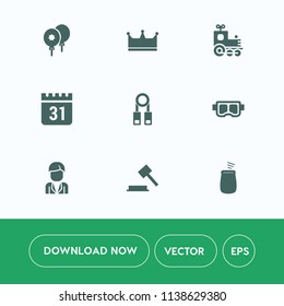 Modern, simple vector icon set on white background with happy, kid, transport, training, decoration, water, balloon, sea, travel, man, king, crown, presentation, train, time, sign, mask, justice icons