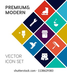 Modern, simple vector icon set on colorful flat background with vegetable, sign, brush, hammer, ice, tool, jar, spanner, activity, glass, paint, white, bathroom, wrench, public, wc, toilet, meal icons