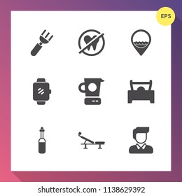 Modern, simple vector icon set on gradient background with food, work, kitchen, person, fitness, medicine, mixer, car, spoon, man, dinner, health, white, male, vehicle, tooth, watch, gadget, job icons