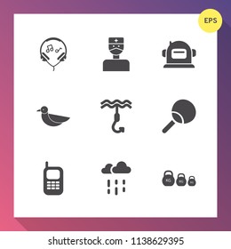 Modern, simple vector icon set on gradient background with health, mobile, bird, weight, water, leisure, helmet, communication, nature, sky, hook, modern, table, telephone, medicine, tennis, old icons
