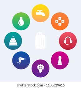 Modern, simple vector icon set on colorful circle backgrounds with nature, computer, energy, food, light, pie, water, construction, dessert, piece, baggage, lightbulb, chess, dryer, lamp, travel icons