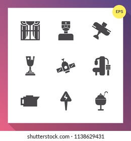 Modern, simple vector icon set on gradient background with food, medical, flight, interior, cream, place, window, travel, energy, hospital, health, sport, space, exercise, airplane, medicine icons