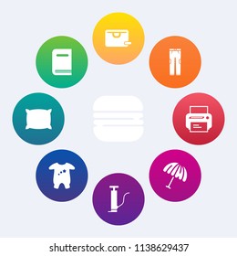 Modern, simple vector icon set on colorful circle backgrounds with gift, bag, equipment, home, protection, hamburger, cheeseburger, rain, literature, food, sign, kid, pump, meal, sandwich, pants icons